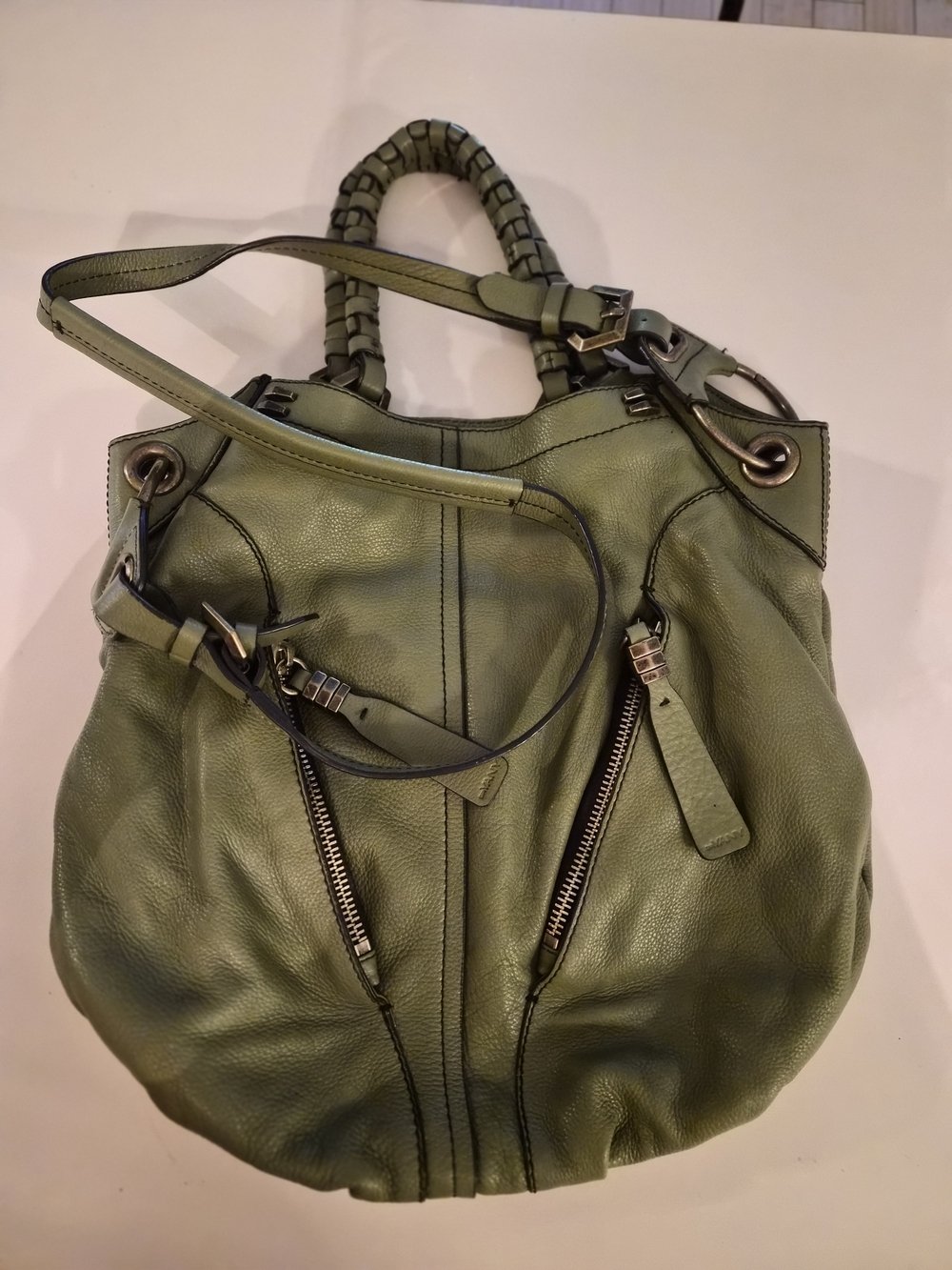 orYANY Olive Green Leather Shoulder Bag with Braided Handles